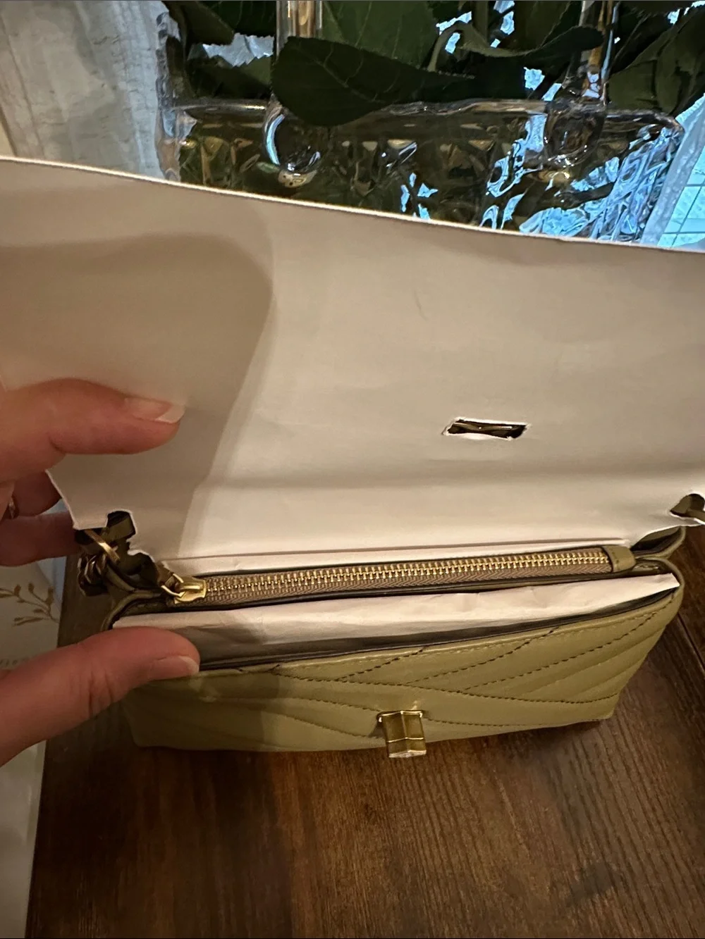 Tory Burch Quilted Chevron Leather Clutch in Pebblestone with Gold Logo